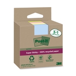 POST-IT Haftnotiz Super Sticky 100% Recycling Notes - 76 x 76 mm, sortiert, 3+1x 70 Blatt