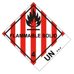 Gefahrzettel Gefahrgutaufkleber Klasse 4.1 Entzündbare feste Stoffe mit Zusatztext FLAMMABLE SOLID mit Eindruck UN-Nummer Flamme Schwarz