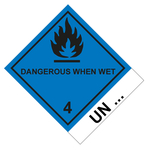 Gefahrzettel Gefahrgutaufkleber Klasse 4.3 Stoffe, die mit Wasser entzündliche Gase bilden mit Zusatztext DANGEROUS WHEN WET mit Eindruck UN-Nummer Flamme Schwarz
