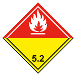 Gefahrzettel Gefahrgutaufkleber Klasse 5.2 Organische Peroxide Flamme Weiß mit durchgehender Kontrastlinie unten Folie seewasserbeständig 150 x 150 mm 500 Stück/Rolle