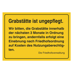 Grabstein Aufkleber "Grabstätte ungepflegt, Frist 3 Monate" Folie ablösbar gelb 148 x 105 mm 100 Stück/Rolle