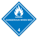 Gefahrzettel Gefahrgutaufkleber Klasse 4.3 Stoffe, die mit Wasser entzündliche Gase bilden mit Zusatztext DANGEROUS WHEN WET Flamme Weiß mit gestrichelter Kontrastlinie Folie seewasserbeständig 50 x 50 mm 500 Stück/Rolle