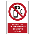 Verbotszeichen Smartphones, Smartwatches und Fotoapparate verboten Kombischild Folie 400 x 600 mm Einzeletikett