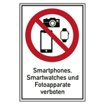 Verbotsschild Smartphones, Smartwatches und Fotoapparate verboten Kombischild Folie 200 x 300 mm Einzeletikett