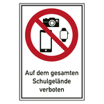 Verbotsschild Smartphones, Smartwatches und Fotoapparate auf dem gesamten Schulgelände verboten Kombischild Folie 150 x 200 mm Einzeletikett