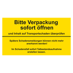 Paketaufkleber Bitte Verpackung sofort &ouml;ffnen Gelb Folie 135 x 74 mm 100 St&uuml;ck/Rolle