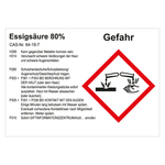 GHS Gefahrstoffetikett Essigsäure 80% für interne Verwendung Chromopapier tiefkühlgeeignet 148 x 105 mm 100 Stück/Rolle
