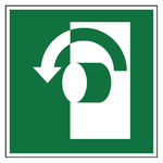 Rettungszeichen &Ouml;ffnung durch Linksdrehung DIN EN ISO 7010 E018 Aluminium Verbundplatte 3 mm 200 x 200 mm Einzelschild