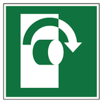 Rettungszeichen &Ouml;ffnung durch Rechtsdrehung DIN EN ISO 7010 E019 Chromopapier tiefk&uuml;hlgeeignet 100 x 100 mm Einzeletikett