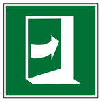 Rettungszeichen T&uuml;r &ouml;ffnet durch Dr&uuml;cken auf der rechten Seite DIN EN ISO 7010 E023 Aluminium Verbundplatte 3 mm 100 x 100 mm Einzelschild
