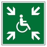 Rettungszeichen Vorl&auml;ufige Evakuierungsstelle DIN EN ISO 7010 E024 Chromopapier tiefk&uuml;hlgeeignet 200 x 200 mm Einzeletikett