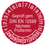 Pr&uuml;fplaketten Gepr&uuml;ft gem. DIN EN 12599 N&auml;chster Pr&uuml;ftermin 2028 Rot Folie mit Schutzfolie &Oslash; 15 mm 10 St&uuml;ck/Bogen