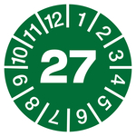 Jahrespr&uuml;fplakette Gr&uuml;n Jahr 27 Folie abl&ouml;sbar &Oslash; 30 mm 10 St&uuml;ck/Bogen