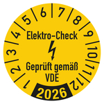 Jahrespr&uuml;fplaketten Gelb "Elektro-Check Gepr&uuml;ft gem&auml;&szlig; VDE" Jahr 2026 Folie &Oslash; 30 mm 10 St&uuml;ck/Bogen
