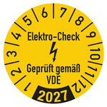 Jahrespr&uuml;fplaketten Gelb "Elektro-Check Gepr&uuml;ft gem&auml;&szlig; VDE" Jahr 2027 Folie &Oslash; 20 mm 100 St&uuml;ck/Rolle