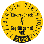Jahrespr&uuml;fplaketten Gelb "Elektro-Check Gepr&uuml;ft gem&auml;&szlig; VDE" Jahr 2029 Folie mit Schutzfolie &Oslash; 20 mm 10 St&uuml;ck/Bogen