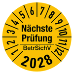 Jahrespr&uuml;fplaketten Gelb "N&auml;chste Pr&uuml;fung BetrSichV" Jahr 2028 Folie &Oslash; 35 mm 10 St&uuml;ck/Bogen