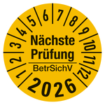 Jahrespr&uuml;fplaketten Gelb "N&auml;chste Pr&uuml;fung BetrSichV" Jahr 2026 Chromopapier tiefk&uuml;hlgeeignet &Oslash; 15 mm 100 St&uuml;ck/Rolle