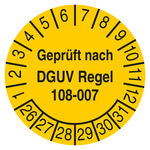 Pr&uuml;fplakette Gepr&uuml;ft nach DGUV Regel 108-007 Gelb