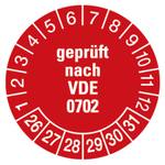 Pr&uuml;fplaketten Gepr&uuml;ft nach VDE 0702 2026 Rot Folie &Oslash; 20 mm 10 St&uuml;ck/Bogen