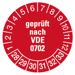 Pr&uuml;fplaketten Gepr&uuml;ft nach VDE 0702 2028 Rot Dokumentenfolie &Oslash; 40 mm 10 St&uuml;ck/Bogen