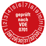 Pr&uuml;fplaketten Gepr&uuml;ft nach VDE 0701 2028 Rot Graspapier &Oslash; 40 mm 100 St&uuml;ck/Rolle