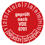 Pr&uuml;fplaketten Gepr&uuml;ft nach VDE 0701 2029 Rot Graspapier &Oslash; 20 mm 500 St&uuml;ck/Rolle