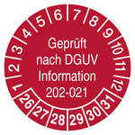 Pr&uuml;fplaketten Gepr&uuml;ft nach DGUV Information 202-021 2026 Rot Folie abl&ouml;sbar &Oslash; 20 mm 100 St&uuml;ck/Rolle