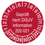 Pr&uuml;fplaketten Gepr&uuml;ft nach DGUV Information 202-021 2027 Rot Folie mit Schutzfolie &Oslash; 30 mm 10 St&uuml;ck/Bogen