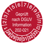 Pr&uuml;fplaketten Gepr&uuml;ft nach DGUV Information 202-021 2028 Rot Folie &Oslash; 40 mm 100 St&uuml;ck/Rolle