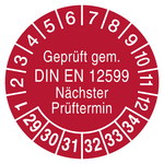 Pr&uuml;fplaketten Gepr&uuml;ft gem. DIN EN 12599 N&auml;chster Pr&uuml;ftermin 2029 Rot Chromopapier tiefk&uuml;hlgeeignet &Oslash; 35 mm 100 St&uuml;ck/Rolle