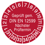 Pr&uuml;fplaketten Gepr&uuml;ft gem. DIN EN 12599 N&auml;chster Pr&uuml;ftermin 2031 Rot Folie mit Schutzfolie &Oslash; 20 mm 10 St&uuml;ck/Bogen