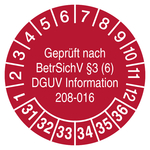 Pr&uuml;fplaketten Gepr&uuml;ft nach BetrSichV &sect;3 (6) DGUV Information 208-016 2031 Rot Folie mit Schutzfolie &Oslash; 30 mm 10 St&uuml;ck/Bogen