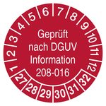 Pr&uuml;fplaketten Gepr&uuml;ft nach DGUV Information 208-016 2027 Rot Dokumentenfolie &Oslash; 15 mm 10 St&uuml;ck/Bogen