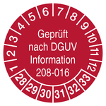 Pr&uuml;fplaketten Gepr&uuml;ft nach DGUV Information 208-016 2028 Rot Folie abl&ouml;sbar &Oslash; 40 mm 100 St&uuml;ck/Rolle