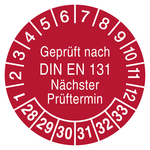 Pr&uuml;fplaketten Gepr&uuml;ft nach DIN EN 131 N&auml;chster Pr&uuml;ftermin 2028 Rot Folie stark haftend &Oslash; 30 mm 10 St&uuml;ck/Bogen