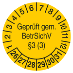 Pr&uuml;fplaketten Gepr&uuml;ft gem. BetrSichV &sect;3 (3) 2026 Gelb Graspapier &Oslash; 20 mm 500 St&uuml;ck/Rolle