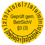 Pr&uuml;fplaketten Gepr&uuml;ft gem. BetrSichV &sect;3 (3) 2029 Gelb Chromopapier tiefk&uuml;hlgeeignet &Oslash; 30 mm 500 St&uuml;ck/Rolle