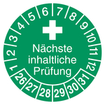 Pr&uuml;fplaketten N&auml;chste inhaltliche Pr&uuml;fung 2026 Gr&uuml;n Folie &Oslash; 30 mm 100 St&uuml;ck/Rolle