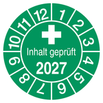 Pr&uuml;fplaketten Inhalt gepr&uuml;ft 2027 Gr&uuml;n Folie &Oslash; 30 mm 10 St&uuml;ck/Bogen