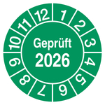 Pr&uuml;fplaketten Gepr&uuml;ft 2026 Gr&uuml;n Folie &Oslash; 30 mm 10 St&uuml;ck/Bogen