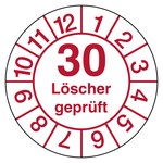 Pr&uuml;fplakette L&ouml;scher gepr&uuml;ft 30 Wei&szlig; Folie mit Schutzfolie &Oslash; 20 mm 10 St&uuml;ck/Bogen
