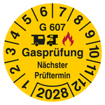 Pr&uuml;fplakette Gaspr&uuml;fung N&auml;chster Pr&uuml;ftermin G 607 Jahr 2028 Gelb Folie mit Schutzfolie &Oslash; 60 mm 4 St&uuml;ck/Bogen