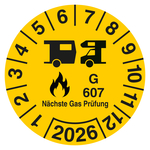 Pr&uuml;fplakette N&auml;chste Gas Pr&uuml;fung G 607 mit Jahreszahl Gelb