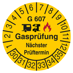 Pr&uuml;fplakette Gaspr&uuml;fung N&auml;chster Pr&uuml;ftermin G 607 2030 Gelb Folie stark haftend &Oslash; 35 mm 10 St&uuml;ck/Bogen