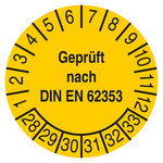 Pr&uuml;fplakette Gepr&uuml;ft nach DIN EN 62353 2028 Gelb Folie &Oslash; 35 mm 10 St&uuml;ck/Bogen
