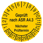 Pr&uuml;fplakette Gepr&uuml;ft nach ASR A4.3 N&auml;chster Pr&uuml;ftermin 2026 Gelb Folie &Oslash; 20 mm 10 St&uuml;ck/Bogen