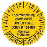 Pr&uuml;fplakette Lagereinrichtung gepr&uuml;ft gem&auml;&szlig; DIN EN 15635 DGUV 108-007 N&auml;chster Pr&uuml;ftermin 2027 Gelb Folie stark haftend &Oslash; 30 mm 10 St&uuml;ck/Bogen