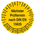 Pr&uuml;fplakette N&auml;chster Pr&uuml;ftermin nach DIN EN 15635 Gelb