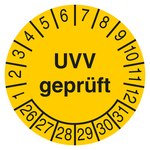 Pr&uuml;fplakette UVV gepr&uuml;ft 2026 Gelb Dokumentenfolie &Oslash; 30 mm 10 St&uuml;ck/Bogen